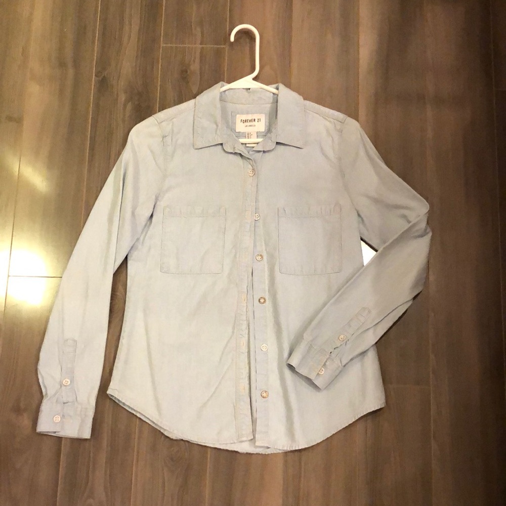 Light blue denim button down collared shirt